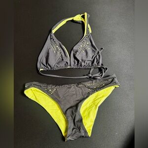 Gray and Neon Yellow Women's Two-Piece Swim Bikini Sporty Y2K